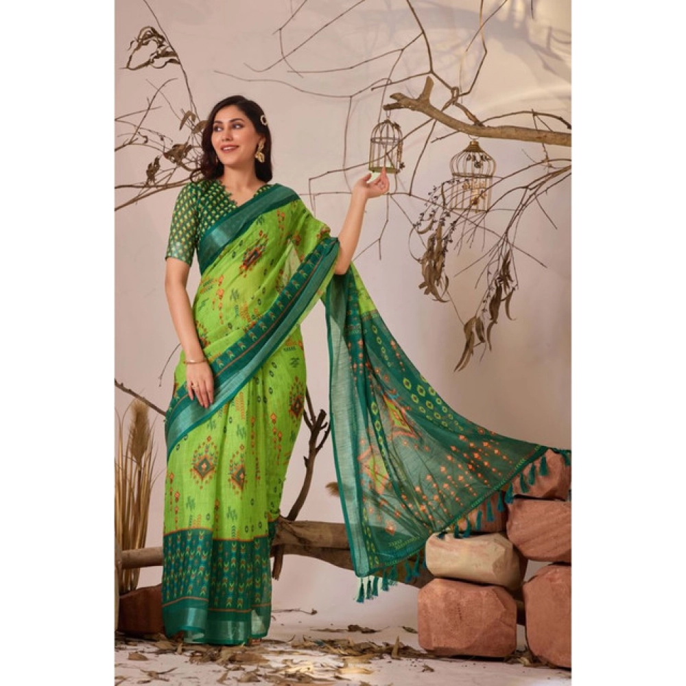 Generic Women's Faux_Linen Printed Saree With Unstitched Blouse 5.5Mtr (Green)