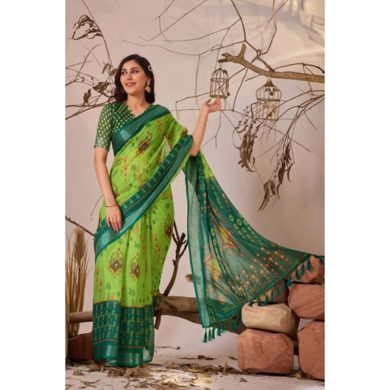 Generic Women's Faux_Linen Printed Saree With Unstitched Blouse 5.5Mtr (Green)