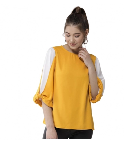 Generic Women's Polyester Colour Block Slit Sleeve Top (Yellow-White)