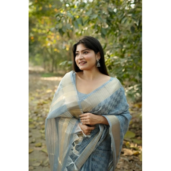 Generic Women's Silk_Blend Checked Saree With Unstitched Blouse 5.5Mtr (Sky_Blue)