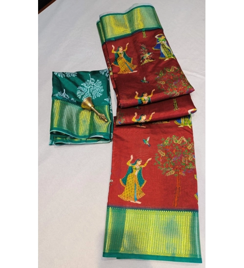 Generic Women's Digital Dolla Silk Printed Saree With Unstitched Blouse 5.5Mtr (Brown)