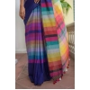 Generic Women's Linen Printed Saree With Unstitched Blouse 5.5Mtr (Navy)