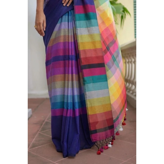 Generic Women's Linen Printed Saree With Unstitched Blouse 5.5Mtr (Navy)