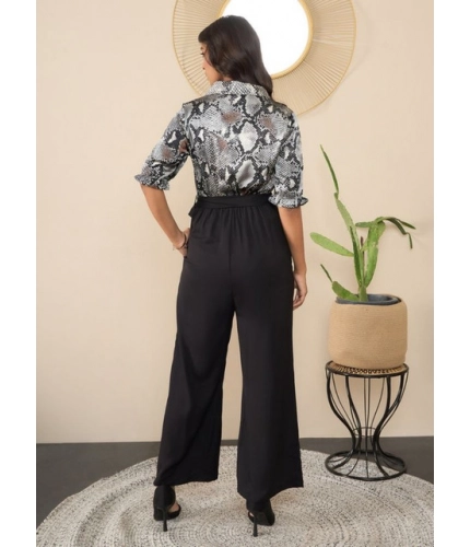 Generic Women's Satin And Polyester Floral Half Sleeves Jumpsuit (Grey - Black)