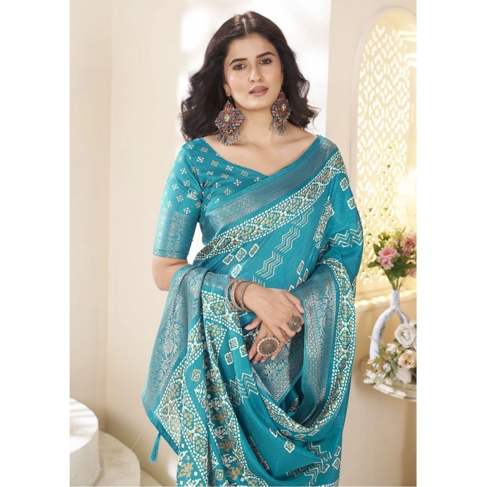 Women’s Cotton Silk Printed Saree With Unstitched Blouse 5.5Mtr (Teal)