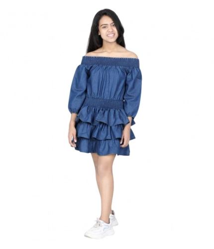 Generic Girl's Denim Solid Off Shoulder Dress (Blue)