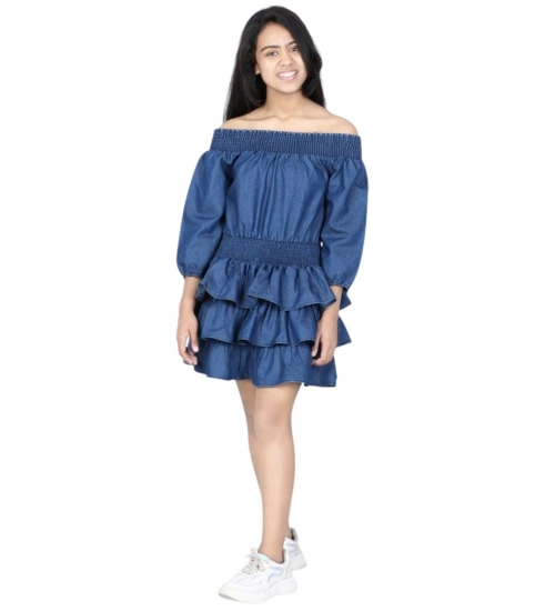 Generic Girl's Denim Solid Off Shoulder Dress (Blue)