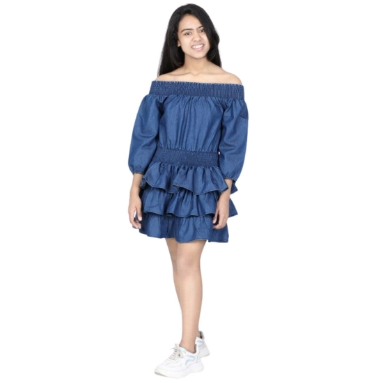 Generic Girl's Denim Solid Off Shoulder Dress (Blue)