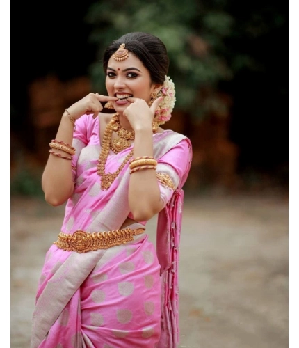 Generic Women's Soft Lichi Silk Printed Saree With Unstitched Blouse 5.5Mtr (Pink)