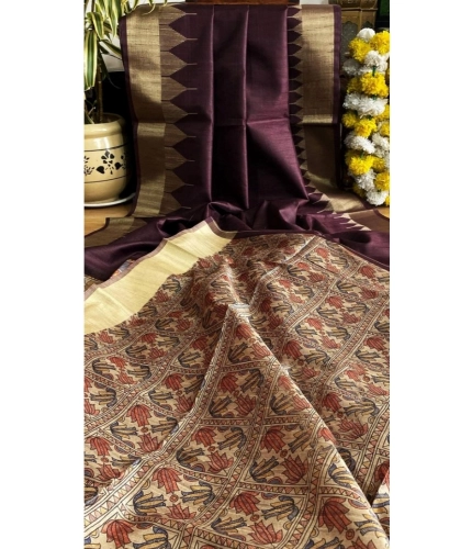 Generic Women's Tussar Silk Madhubani Saree With Unstitched Blouse 5.5Mtr (Coffee)