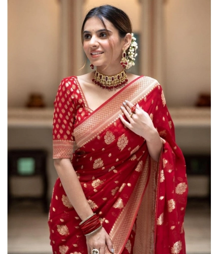 Generic Women's Soft Lichi Silk Printed Saree With Unstitched Blouse 5.5Mtr (Red)