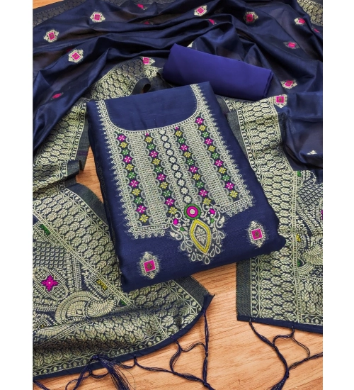Generic Women's Banarasi Silk Printed Unstitched Salwar Suit Material With Dupatta (Navy Blue, 3Mtrs)
