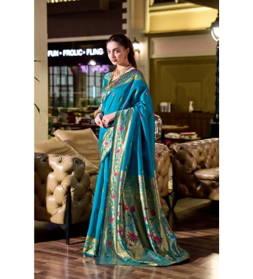 Generic Women's Silk Blend Zari Woven Saree With Unstitched Blouse 5.5Mtr (Turquoise)