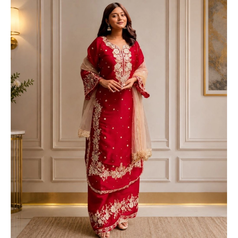 Generic Women's Silk Embroidered 3/4th Sleeve Round Readymade Kurti With Palazzo Pant and Dupatta Set (Red) Generic Women's Silk Embroidered 3/4th Sleeve Round Readymade Kurti With Palazzo Pant and Dupatta Set (Red)