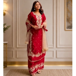 Generic Women's Silk Embroidered 3/4th Sleeve Round Readymade Kurti With Palazzo Pant and Dupatta Set (Red)