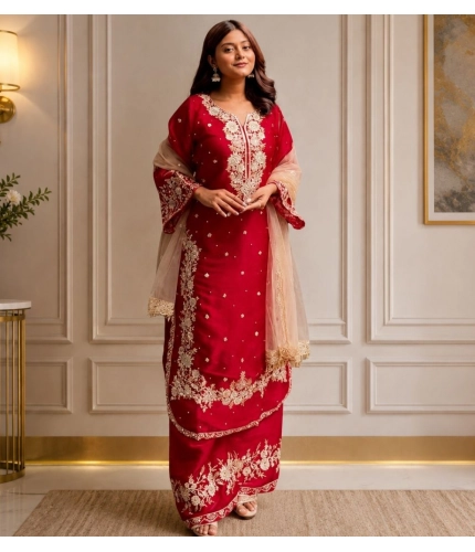 Generic Women's Silk Embroidered 3/4th Sleeve Round Readymade Kurti With Palazzo Pant and Dupatta Set (Red)