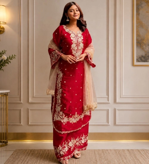 Generic Women's Silk Embroidered 3/4th Sleeve Round Readymade Kurti With Palazzo Pant and Dupatta Set (Red) Generic Women's Silk Embroidered 3/4th Sleeve Round Readymade Kurti With Palazzo Pant and Dupatta Set (Red)