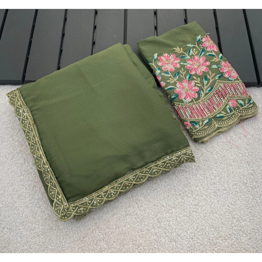 Generic Women's Georgette Embellished Saree With Unstitched Blouse 5.5Mtr�(Olive Green)