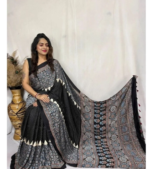 Generic Women's Satin Printed Saree With Unstitched Blouse 5.5Mtr (Black)