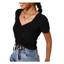 Generic Women's Polyester Lycra Solid Short Sleeve Top (Black)