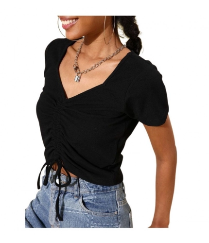 Generic Women's Polyester Lycra Solid Short Sleeve Top (Black)