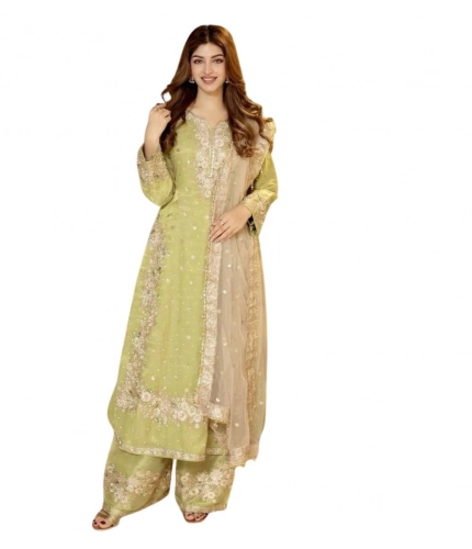 Generic Women's Silk Embroidered 3/4th Sleeve Round Readymade Kurti With Palazzo Pant and Dupatta Set (Pista)