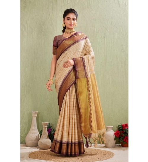 Generic Women's Silk Blended Jaquard Woven Saree With Unstitched Blouse 5.5Mtr (Beige)