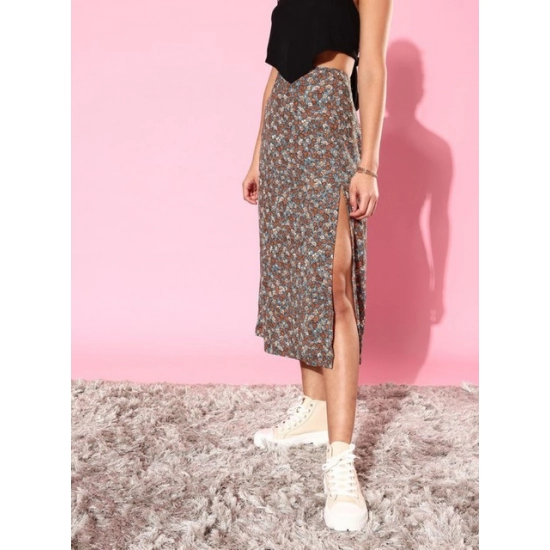 Generic Women's Polyester Floral Side Zip Skirt (Grey - Coral) Generic Women's Polyester Floral Side Zip Skirt (Grey - Coral)