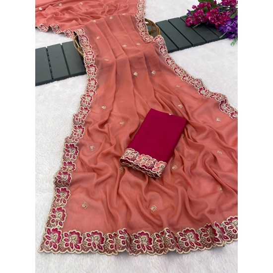 Generic Women's Star Georgette Embroidered Saree With Unstitched Blouse 5.5Mtr (Orange)