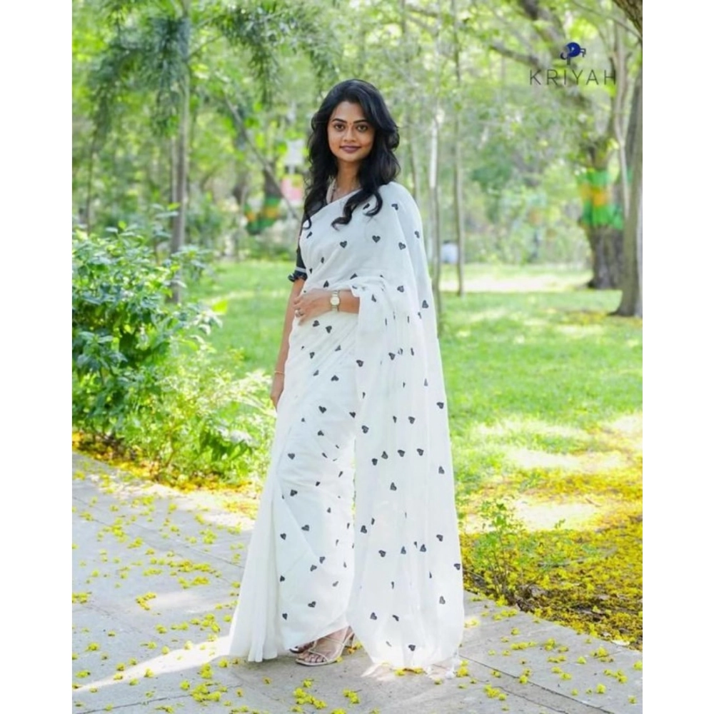 Generic Women's Linen Printed Saree With Unstitched Blouse 5.5Mtr (White) Generic Women's Linen Printed Saree With Unstitched Blouse 5.5Mtr (White)