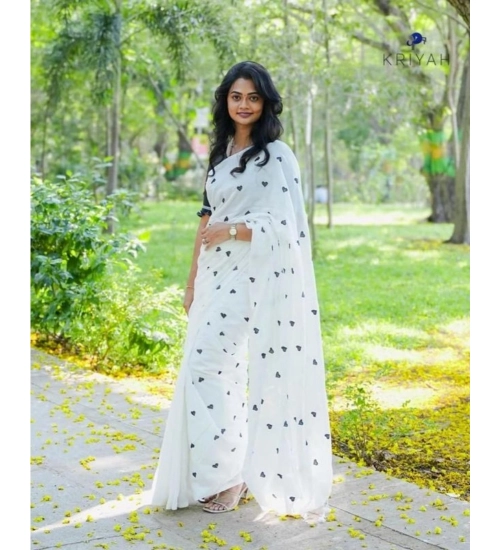 Generic Women's Linen Printed Saree With Unstitched Blouse 5.5Mtr (White)