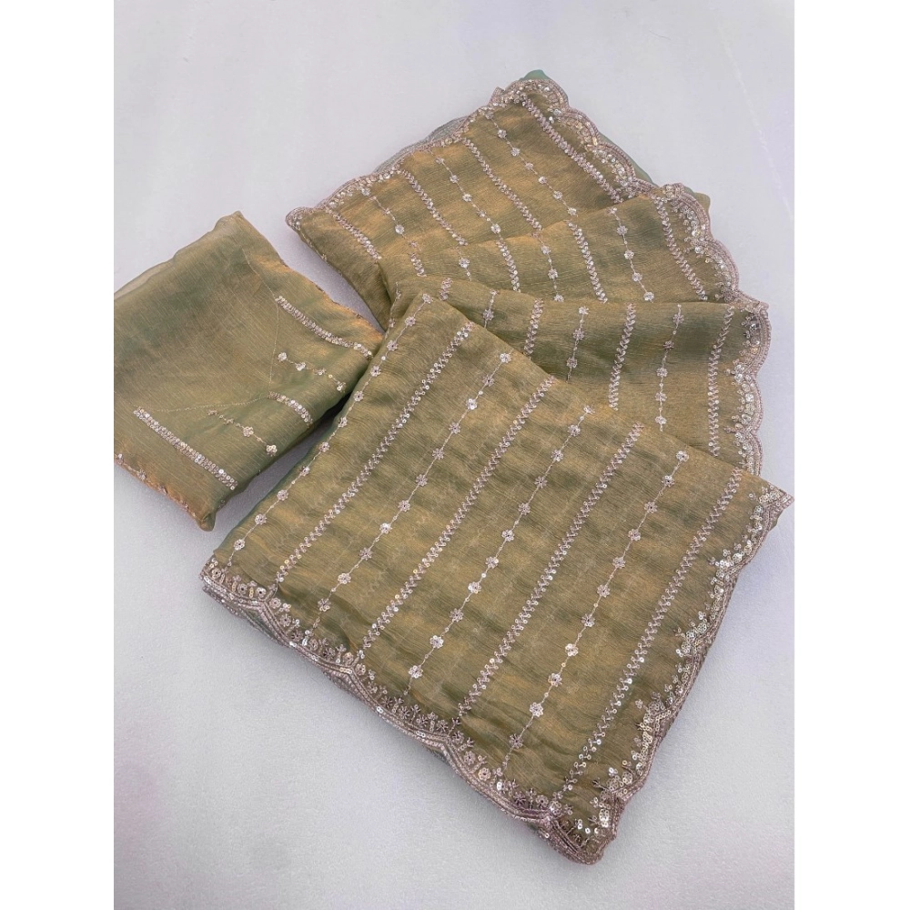 Generic Women's Jimmy Choo Embellished Saree With Unstitched Blouse 5.5Mtr�(Light Green)