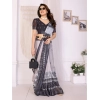 Generic Women's Linen Cotton  Printed Saree With Unstitched Blouse 5.5Mtr (White &amp; Black)