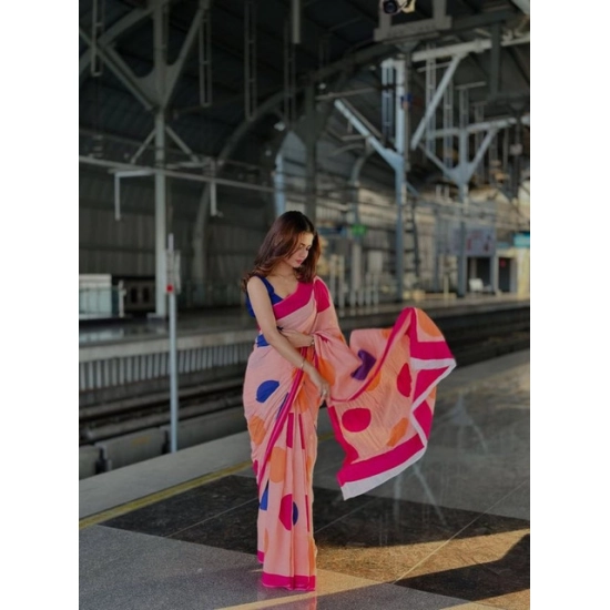 Generic Women's Linen Printed Saree With Unstitched Blouse 5.5Mtr (Orange)