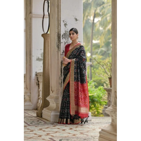 Generic Women's Silk_Blend Ethnic Ikat Pattern Saree With Unstitched Blouse 5.5Mtr (Black)