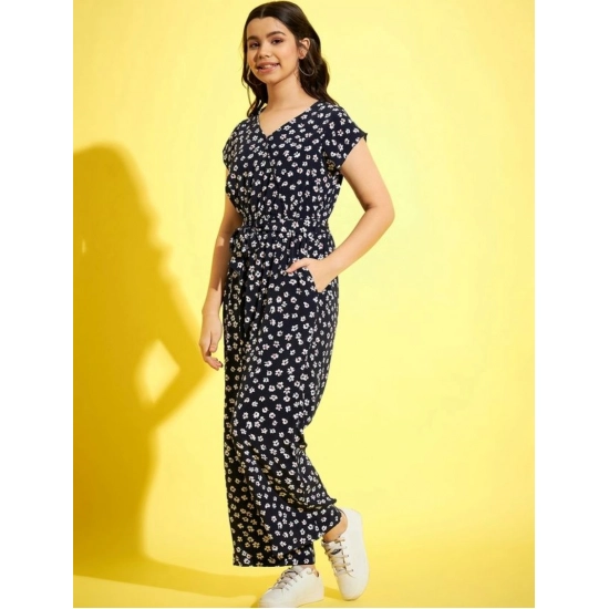 Generic Girl's Polyester Moss Floral Short Sleeves Jumpsuit (Navy-white)