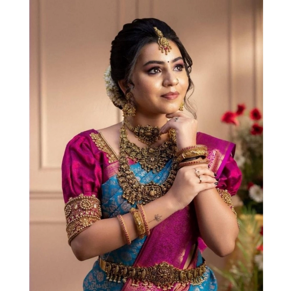 Generic Women's Soft Litchi Silk Jacquard Work Saree With Unstitched Blouse 5.5Mtr (Dark Blue) Generic Women's Soft Litchi Silk Jacquard Work Saree With Unstitched Blouse 5.5Mtr (Dark Blue)