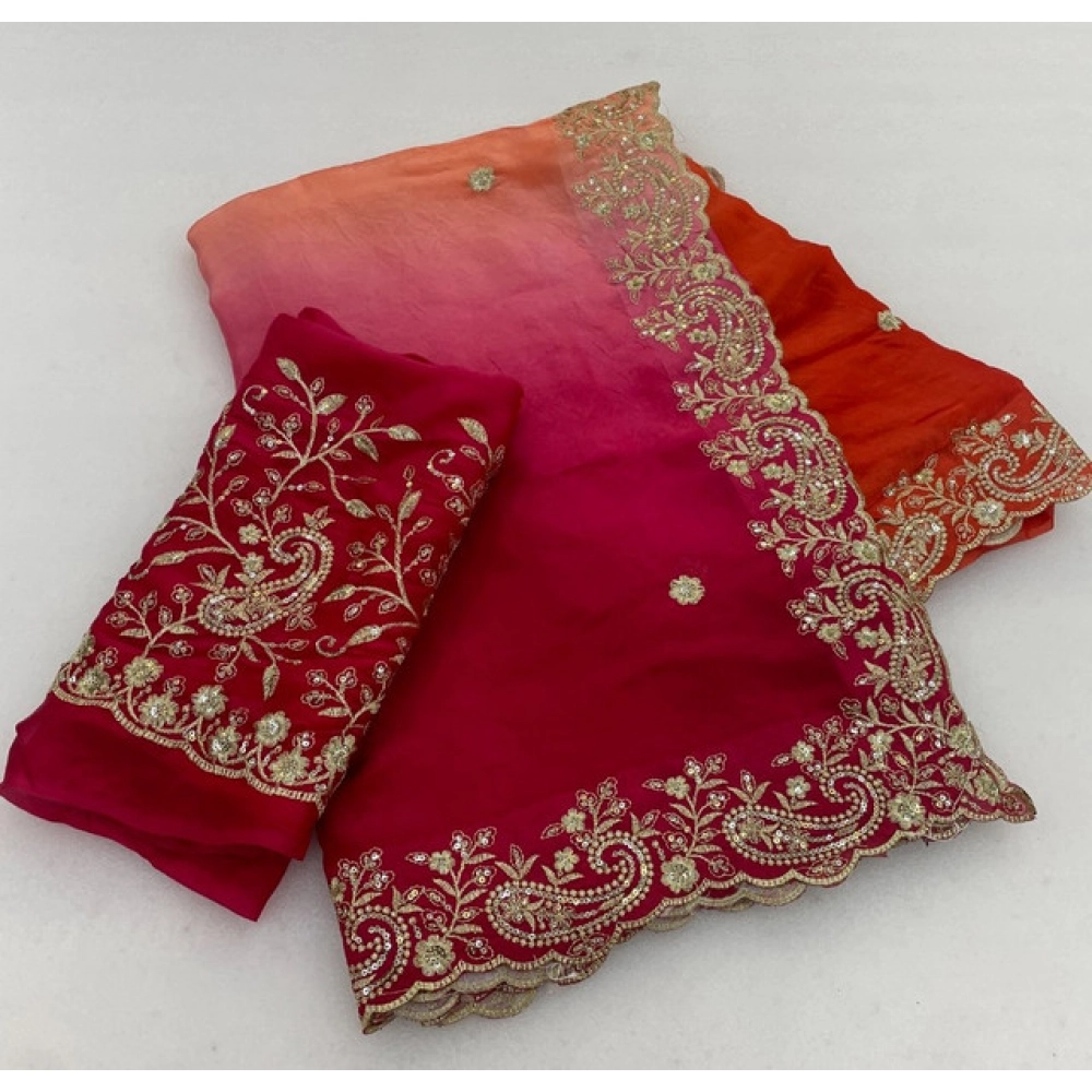 Generic Women's Satin Embellished Saree With Unstitched Blouse 5.5Mtr (Multicolor)