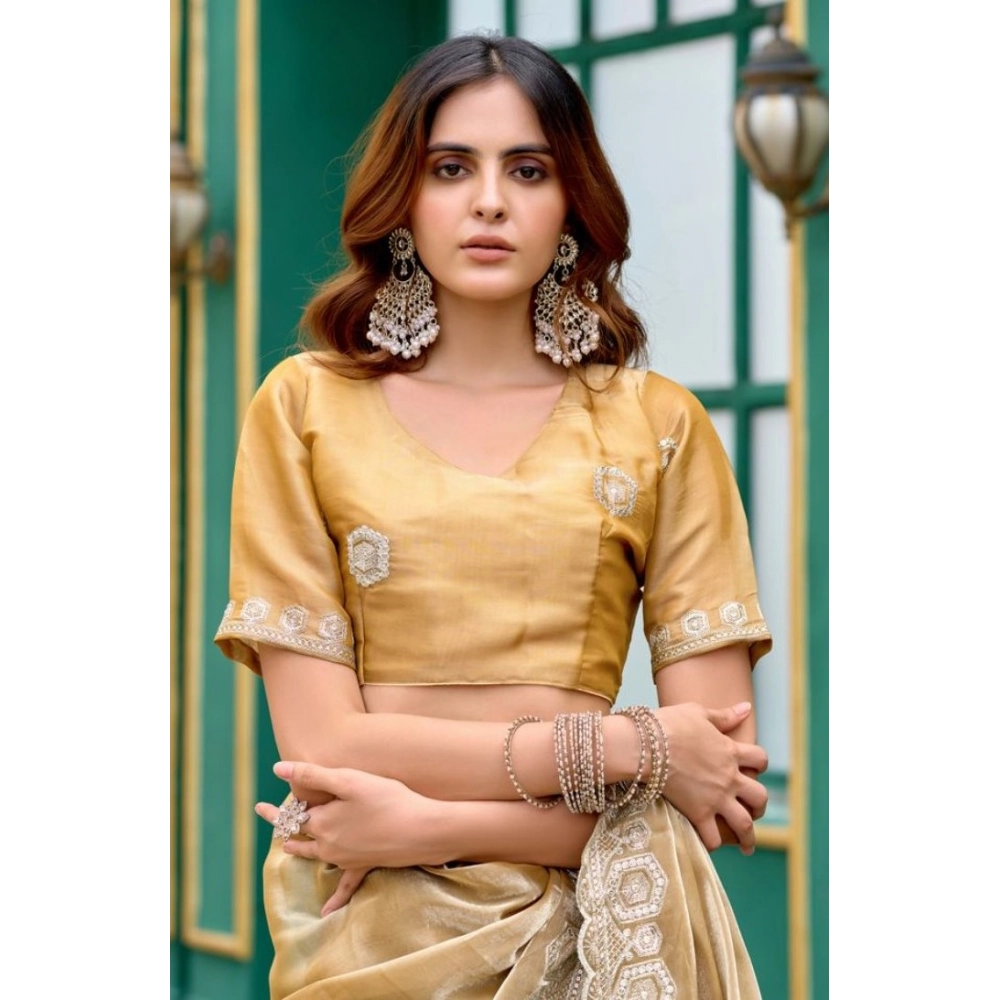 Generic Women's Faux Shimmer Geometric Ready to wear Saree With Unstitched Blouse 5.5Mtr (Beige) Generic Women's Faux Shimmer Geometric Ready to wear Saree With Unstitched Blouse 5.5Mtr (Beige)
