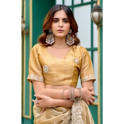 Generic Women's Faux Shimmer Geometric Ready to wear Saree With Unstitched Blouse 5.5Mtr (Beige)