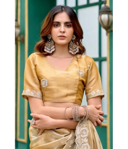 Generic Women's Faux Shimmer Geometric Ready to wear Saree With Unstitched Blouse 5.5Mtr (Beige)