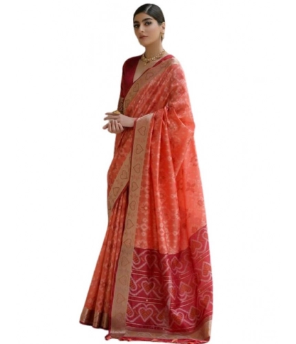 Generic Women's Silk_Blend Ethnic Ikat Pattern Saree With Unstitched Blouse 5.5Mtr (Orange)