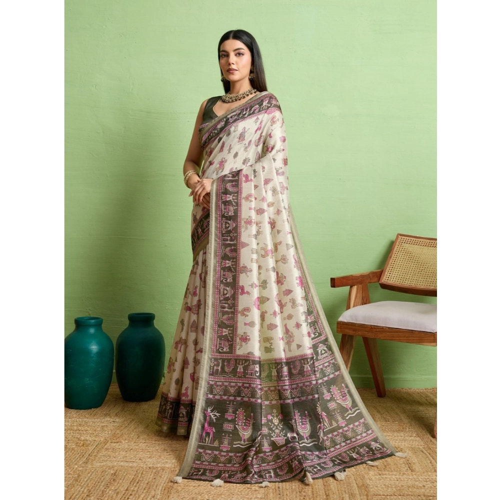 Generic Women's Silk Blend Printed Saree With Unstitched Blouse 5.5Mtr (Off White) Generic Women's Silk Blend Printed Saree With Unstitched Blouse 5.5Mtr (Off White)