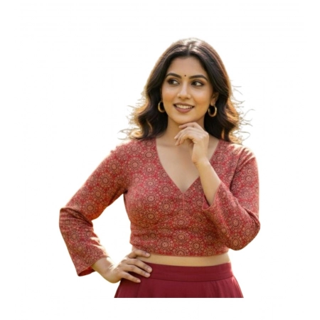 Generic Women's Ajrakh Cotton Halter Neck Padded Blouse (Red, 38 Ready Size (Self-Alterable 36–40)