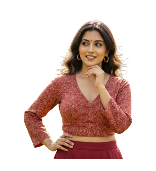 Generic Women's Ajrakh Cotton Halter Neck Padded Blouse (Red, 38 Ready Size (Self-Alterable 36–40)