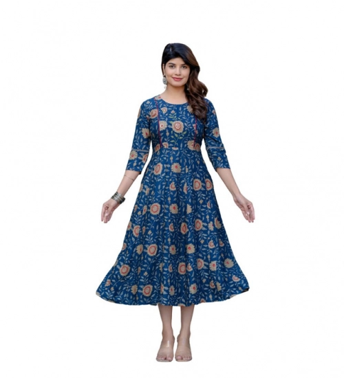 Generic Women's Rayon Print With Embroidery Work A-Line Kurti (Navy Blue)
