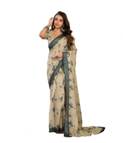 Generic Women's Faux Linen Floral Print Ready to wear Saree With Unstitched Blouse 5.5Mtr (LightBeige)