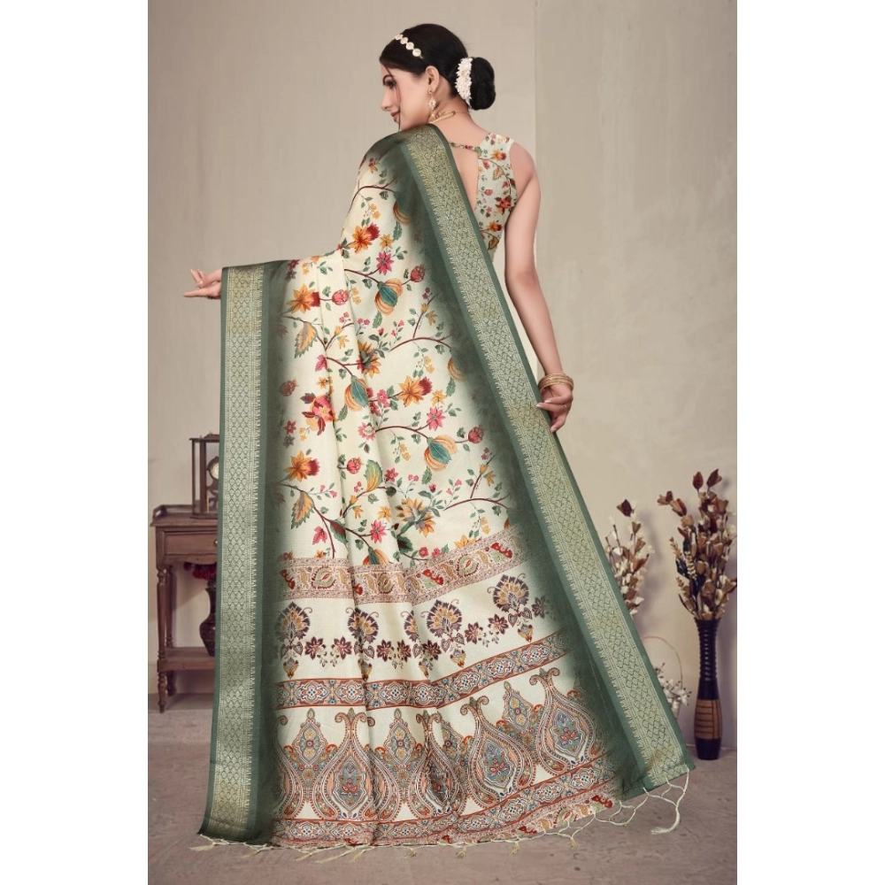 Generic Women's Cotton Silk  Printed Saree With Unstitched Blouse 5.5Mtr (Green)