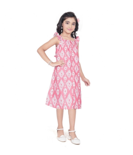 Generic Girl's Cotton Printed Sleeve Less Squre Neck Dress (Pink)