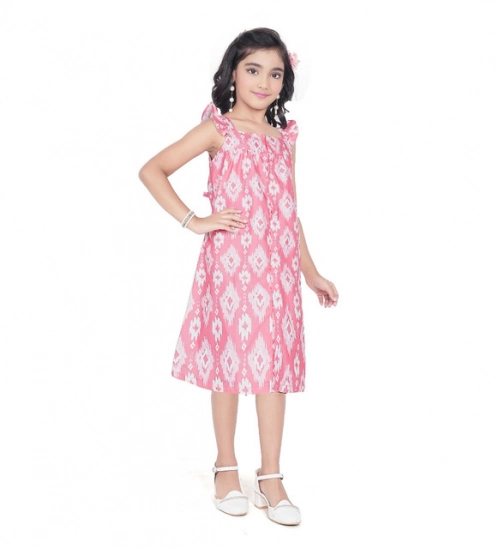 Generic Girl's Cotton Printed Sleeve Less Squre Neck Dress (Pink)